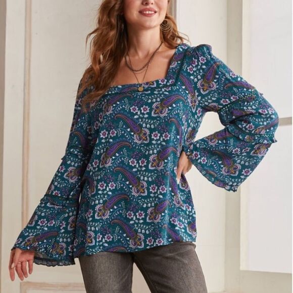 🆕 Suzanne Betro Floral Paisley Bell Sleeve Top Square Neck - Picture 2 of 9